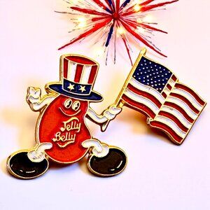 Jelly Belly Jelly Bean Vintage Patriotic Enamel Lapel Pin USA American Flag